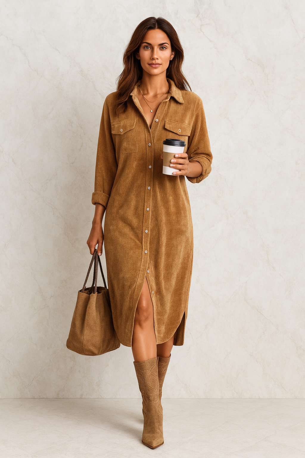Triplechic™ Corduroy Long Sleeve Lapel Dress