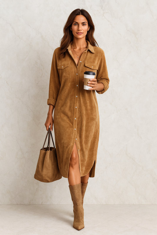 Triplechic™ Corduroy Long Sleeve Lapel Dress