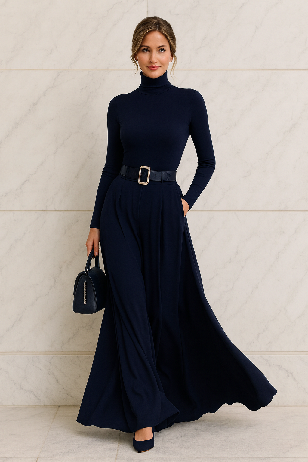 Triplechic™ Solid Color Long Sleeve Waist Dress