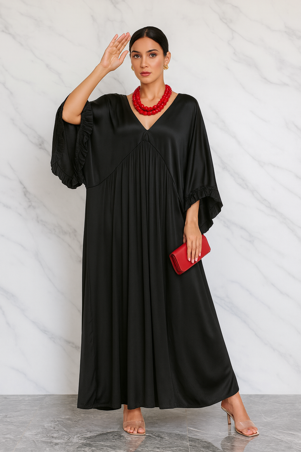 Triplechic™ Satin Ruffle Pleated Maxi Dress
