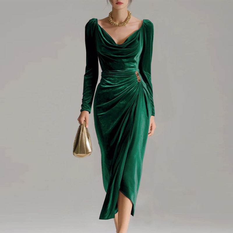 Triplechic™ Velvet Pleated Slit Dress
