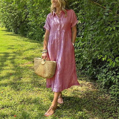 Triplechic™ Striped Lapel Button-Down Shirt Dress with Pockets