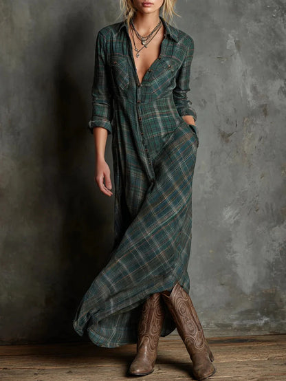 Triplechic™ Plaid Lapel Long Sleeve Dress