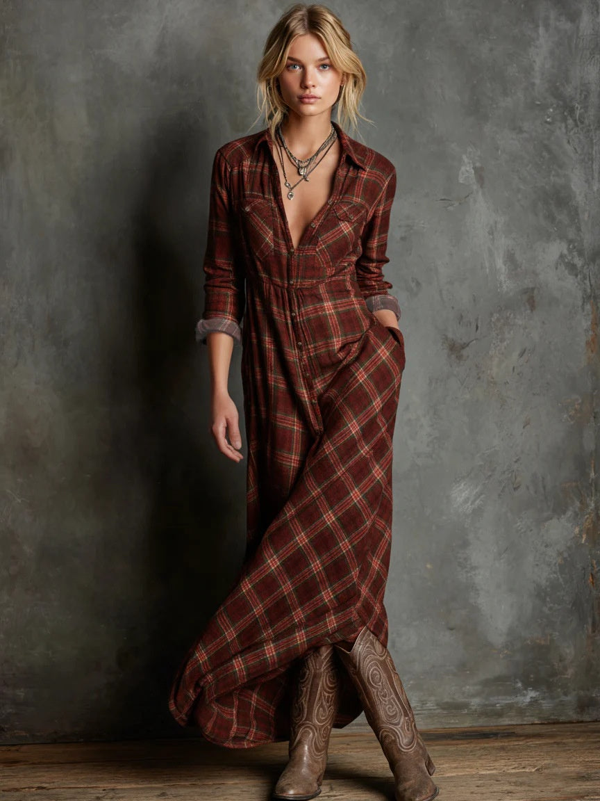Triplechic™ Plaid Lapel Long Sleeve Dress