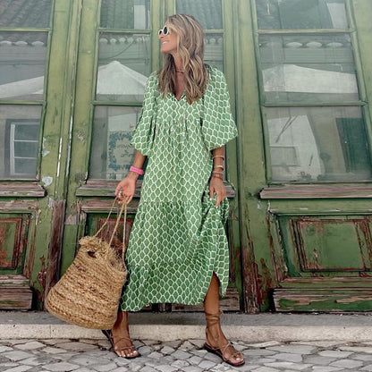 Triplechic™ Elegantes Boho-Maxikleid mit Puffärmeln und Blumenmuster