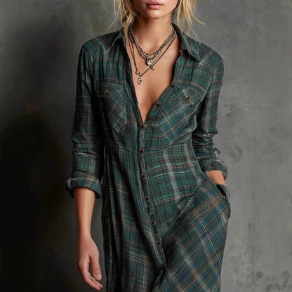Triplechic™ Plaid Lapel Long Sleeve Dress