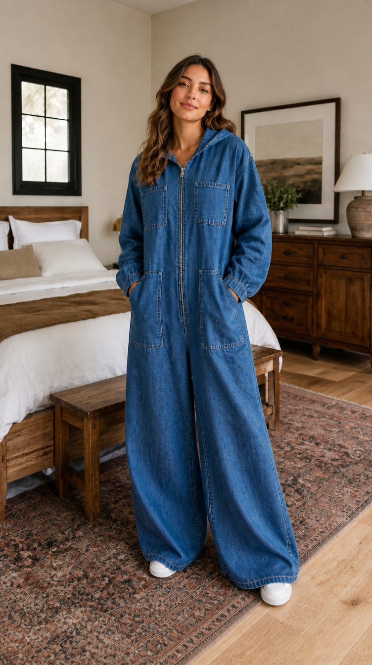 Triplechic™ Casual Hooded Denim Jumpsuit