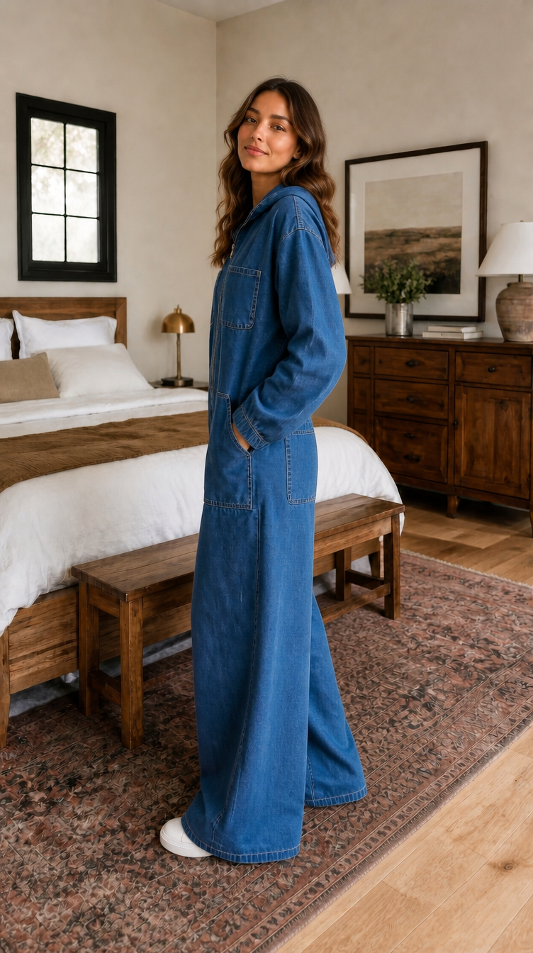 Triplechic™ Casual Hooded Denim Jumpsuit