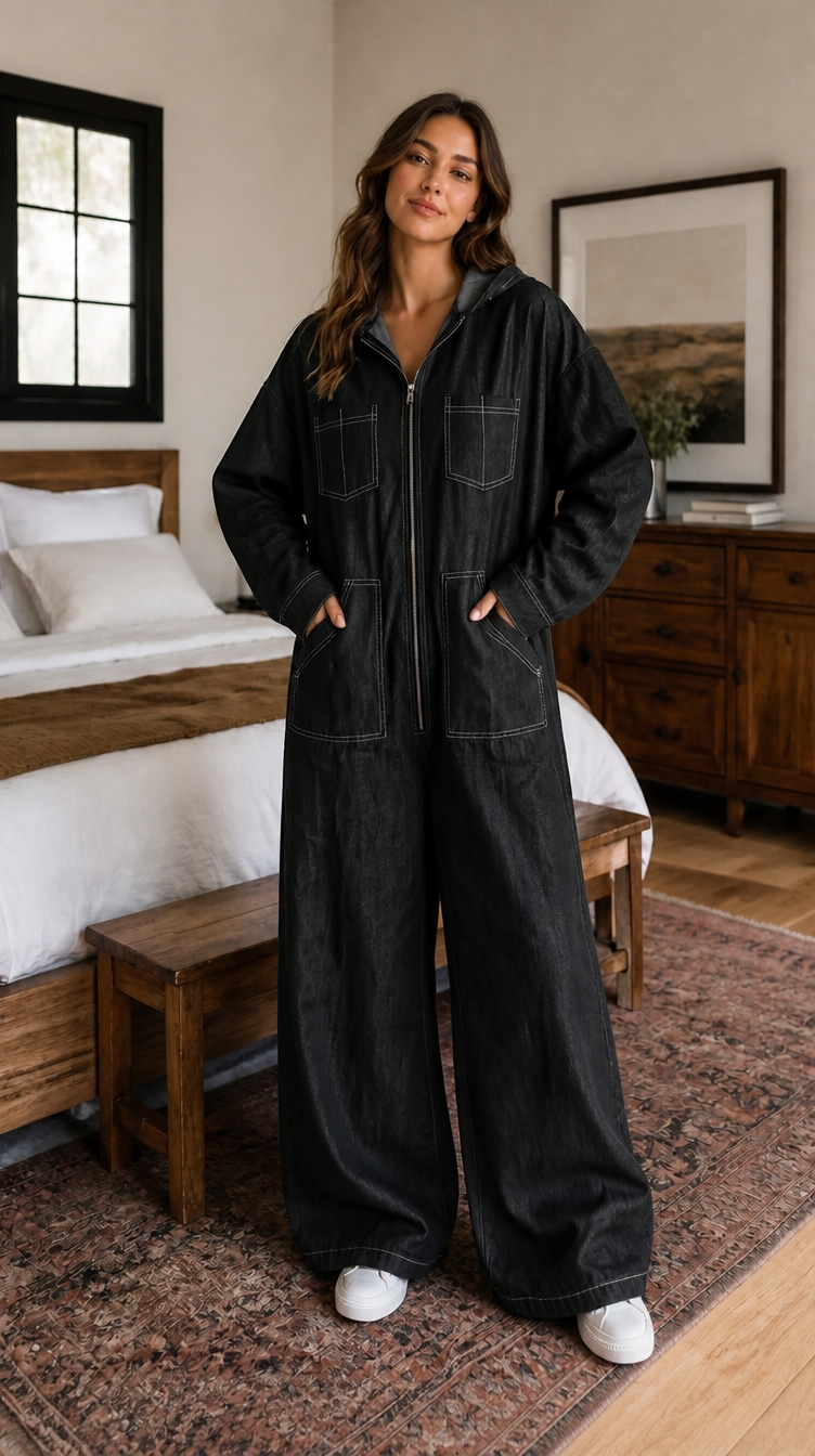 Triplechic™ Casual Hooded Denim Jumpsuit