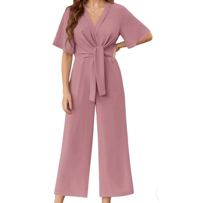 Triplechic™ Elegant V-Neck Wide-Leg Waist Tie Jumpsuit