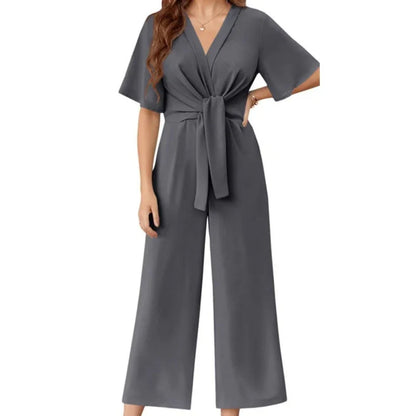 Triplechic™ Elegant V-Neck Wide-Leg Waist Tie Jumpsuit