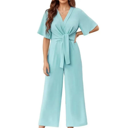 Triplechic™ Elegant V-Neck Wide-Leg Waist Tie Jumpsuit