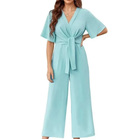Triplechic™ Elegant V-Neck Wide-Leg Waist Tie Jumpsuit
